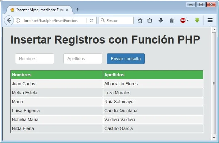 Insertar Registros con función PHP