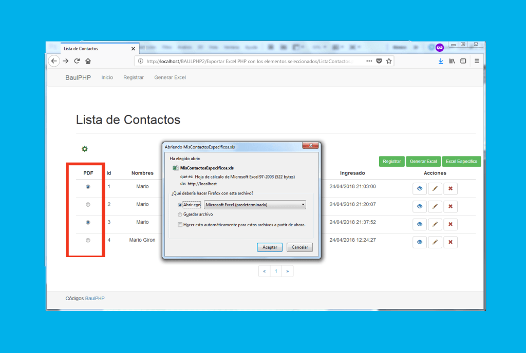 Exportar a Excel con PHP desde elementos seleccionados
