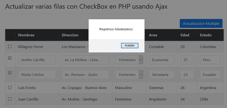 Registros multiples guardados PHP jQuery