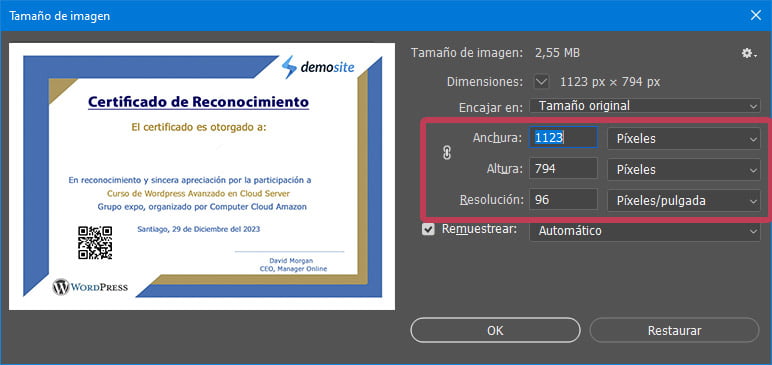 Tamaño del fondo para cetificados con PHP