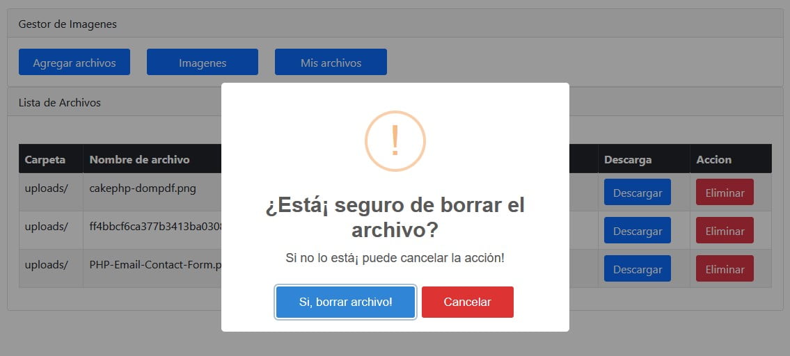 Eliminar ficheros con PHP y SwetAlert