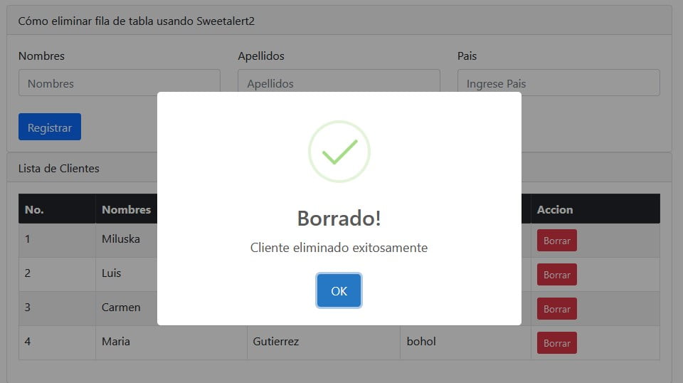 Registro borrado exitosamente con SweetAlert