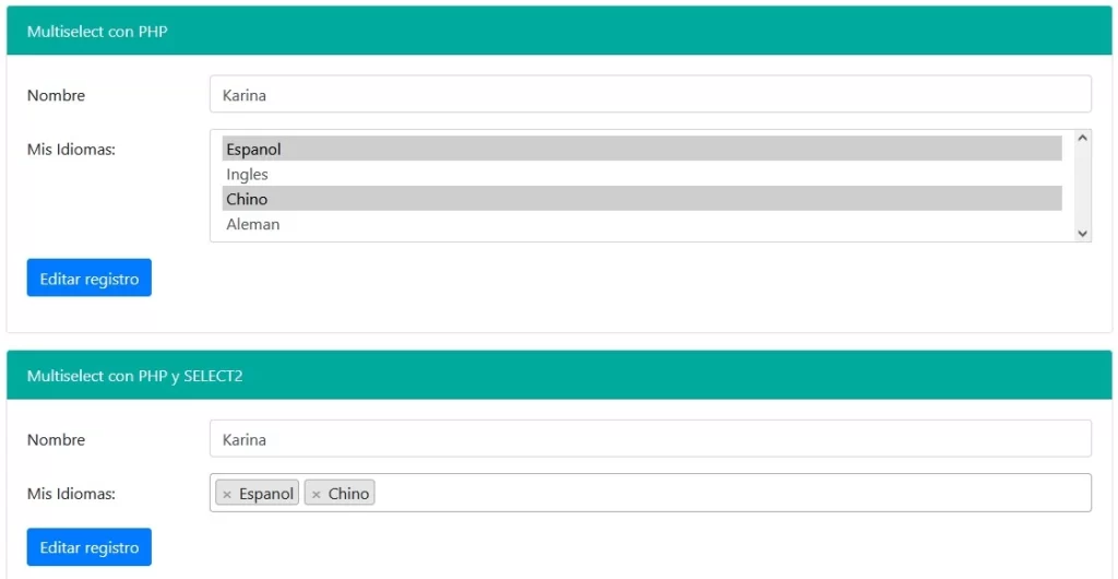 Editar select2 usando PHP