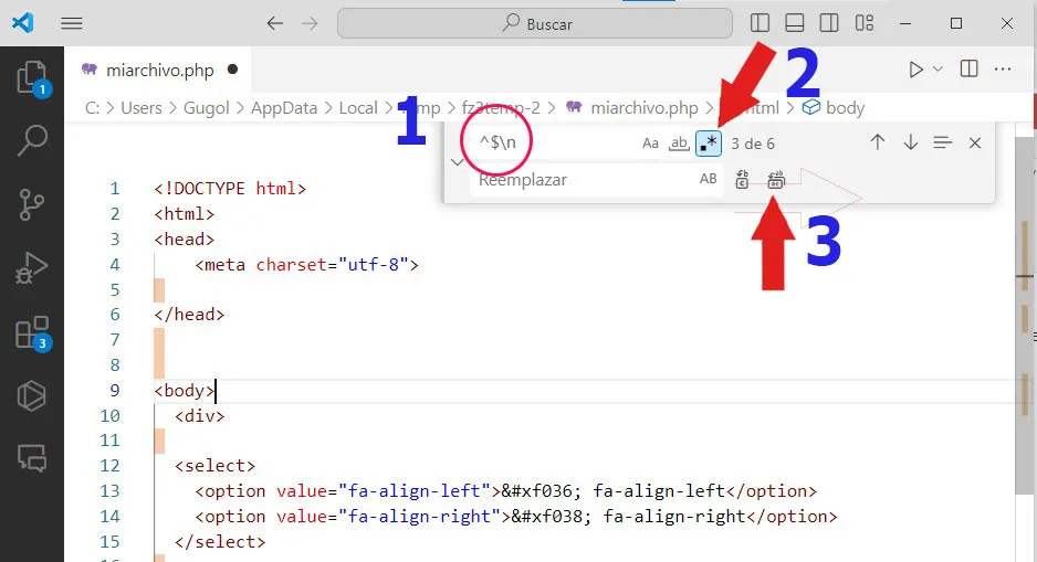 Primera forma de eliminar espacios en blanco vscode