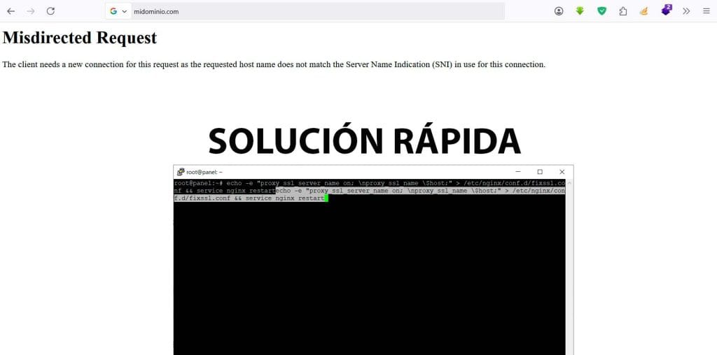 Cómo solucionar el error «Misdirected Request» en HestiaCP (VPS): NGINX + Apache