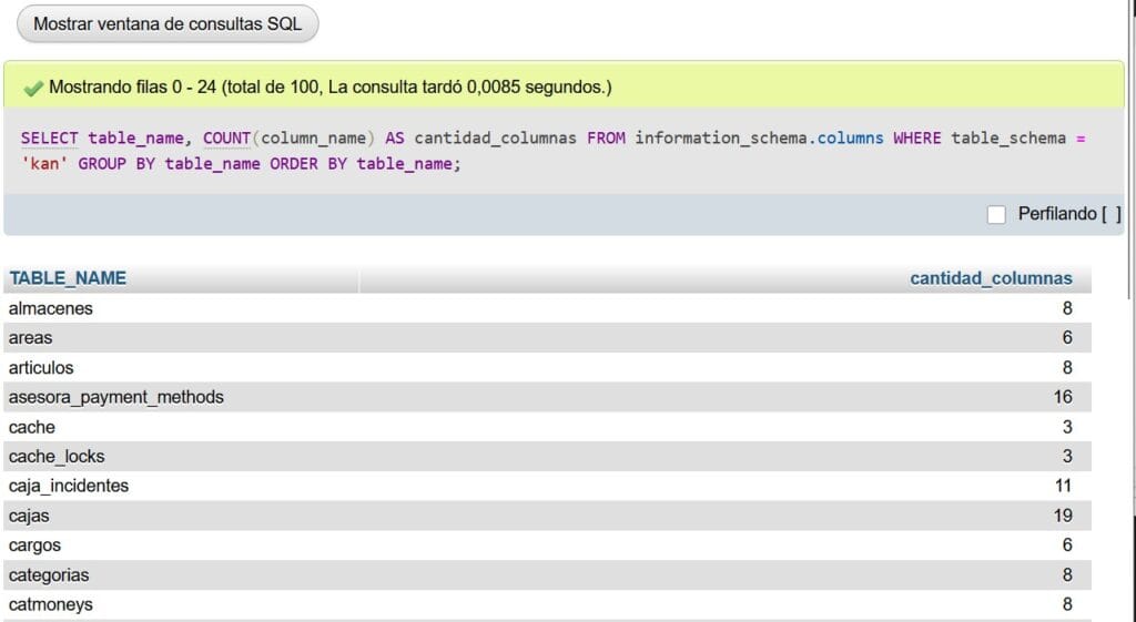 Cómo obtener el número de columnas por tabla en una base de datos MySQL