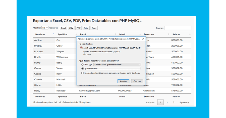 Descargar: Exportar Datatable a excel csv pdf copy print