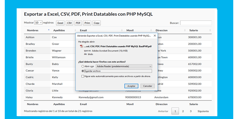 Descargar: Exportar Datatable a excel csv pdf copy print