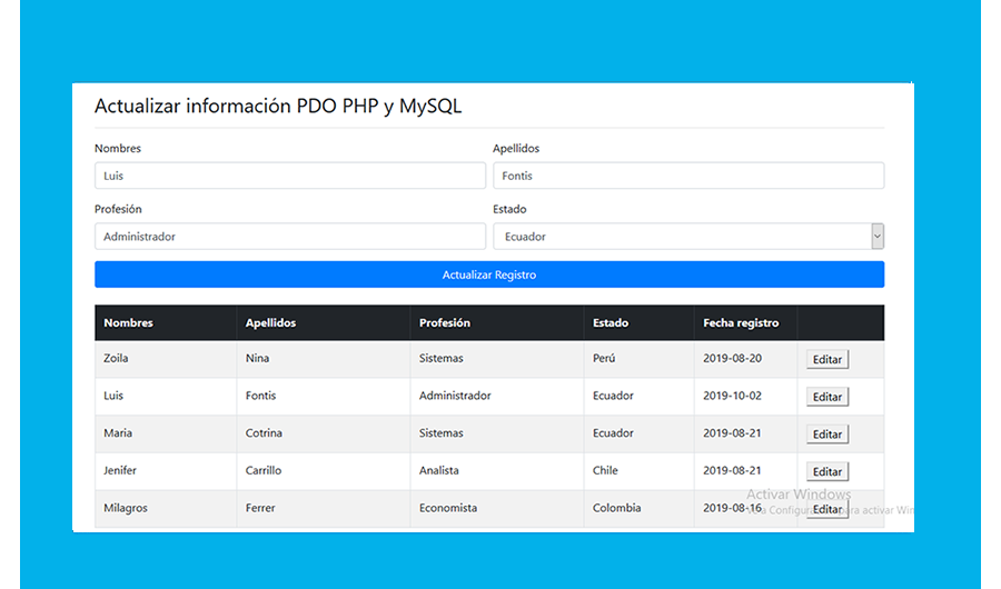 Update Rows usando PDO PHP MySQL